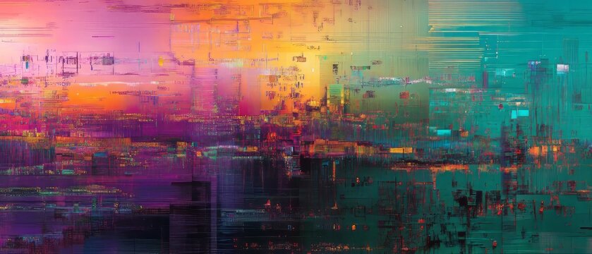 Digital distortion reveals vibrant colors in glitch databending artwork at twilight