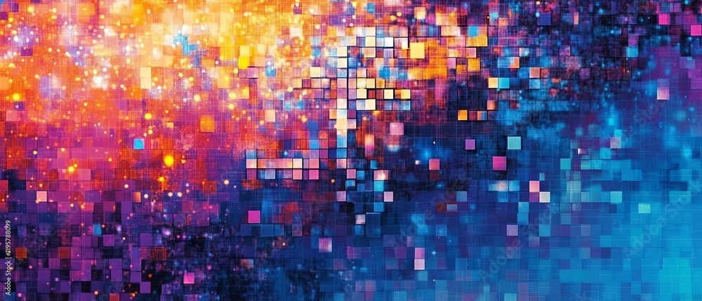 Poster digital artwork featuring vibrant glitch pixelation with colorful fragmented patterns and textures