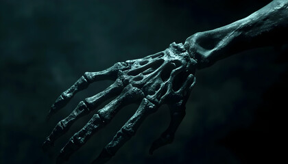 Reaper's skeletal hand grasping for something in a dark environment, grasping, darkness