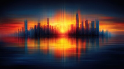Fototapeta premium A city skyline is reflected in the water, with the sun setting in the background. The colors of the sky and water create a serene and peaceful atmosphere