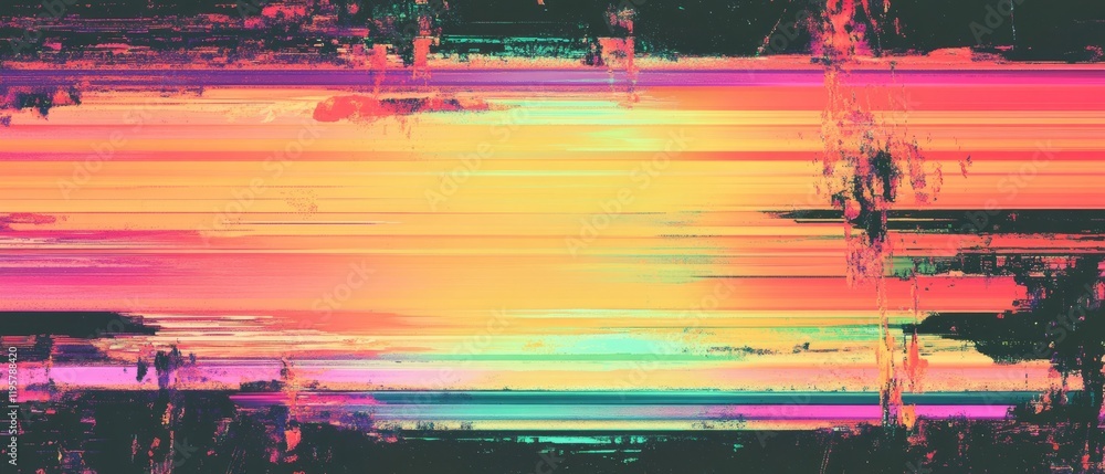 Poster digital artwork featuring vibrant glitch scanlines and distorted horizontal patterns