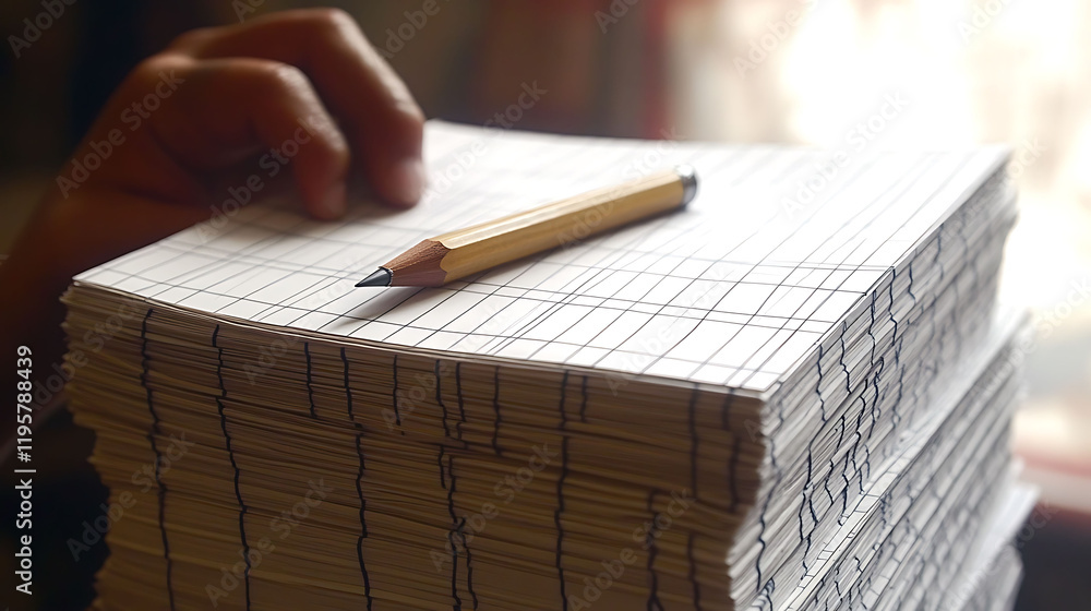 Poster highangle closeup of a hand gently resting on a large stack of gridded paper, with a pencil lying on