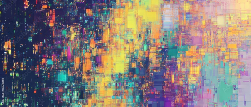 Poster vivid digital distortion creates a chaotic backdrop of color and texture in a glitch art composition