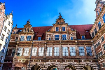 Fototapeta premium Colorful old facade, Gdansk, Poland. Gate built in 1500's. Main entrance to Gdansk.