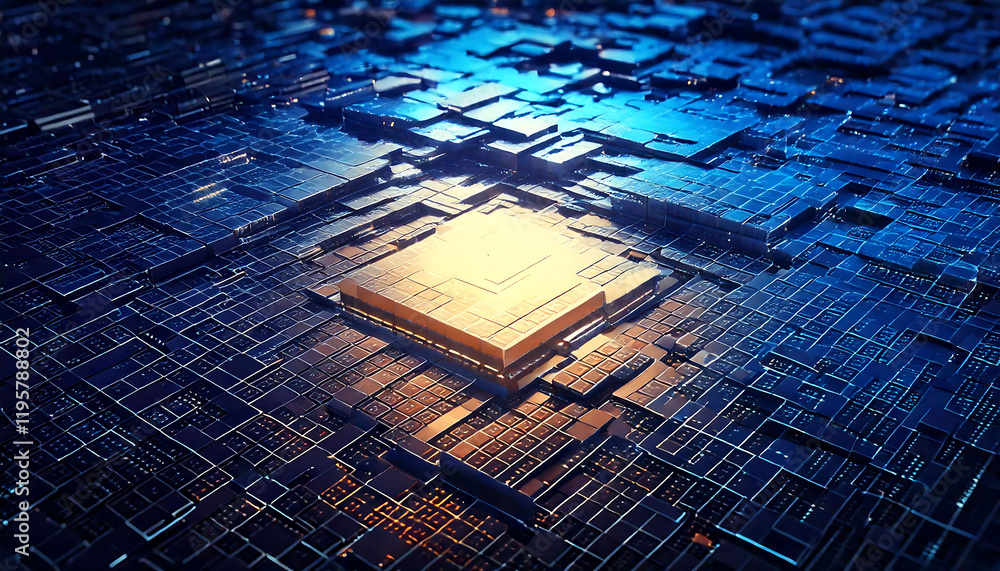 Poster stunning abstract image of a glowing gold central processor unit (cpu) embedded within a complex, da