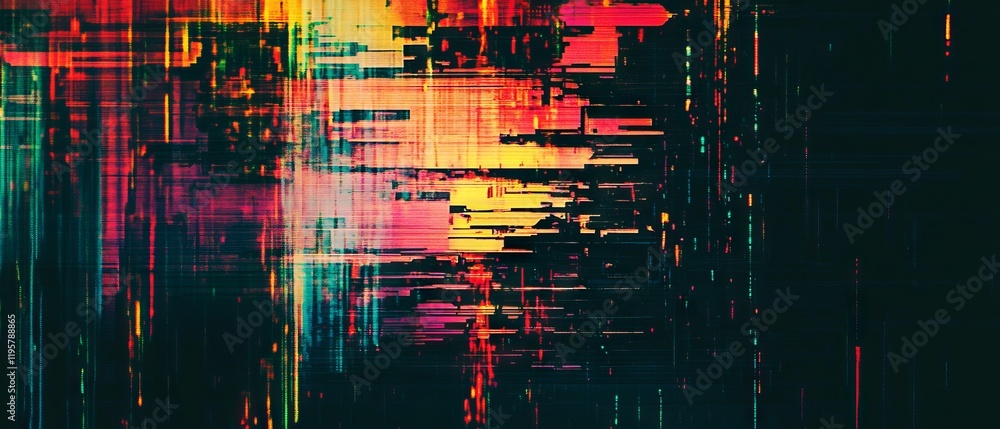 Poster intricate patterns of glitch art displaying vibrant colors overlaid with digital distortion effects