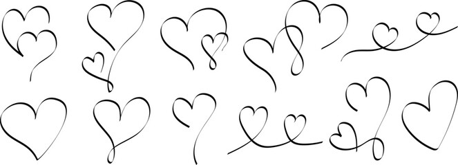 Big set of hand drawn hearts. Design elements for Valentine's day. Vector illustration heart shapes. Ideal for cards, social media, or decorative purposes. Isolated on transparent background