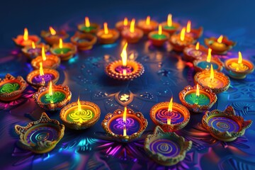 Happy Diwali   Colorful diya lamps in a circle formation