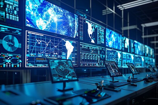 A futuristic control room displays numerous screens showing realtime data visualizations, maps, and charts. Multiple workstations are present, suggesting a largescale monitoring operation.