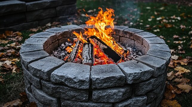 A fire is burning in a brick fire pit. The fire is surrounded by logs and the fire pit is surrounded by bricks
