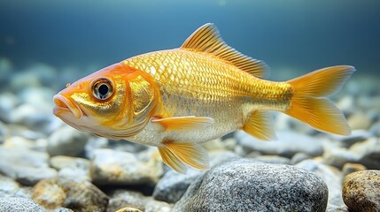 Naklejka premium A gold fish is swimming in a tank with rocks and gravel. The fish is the main focus of the image, and the rocks and gravel provide a natural background