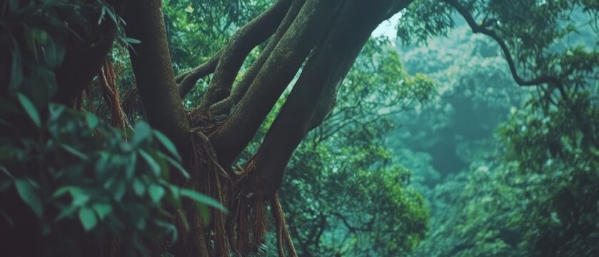 Majestic banyan tree with sprawling aerial roots in a lush tropical forest setting - Powered by Adobe
