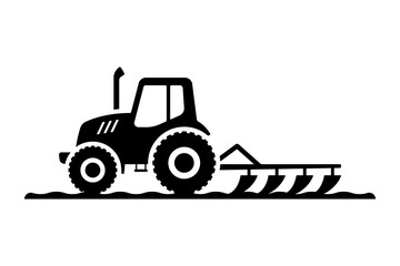Naklejka premium Farm tractor with plow in field icon. Black silhouette. Side view. Vector simple flat graphic illustration. Isolated object on white background. Isolate.