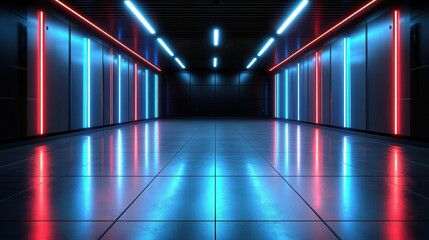 A large, empty room with neon lights on the walls. The room is mostly blue, with red and green accents. The lights create a futuristic, industrial feel