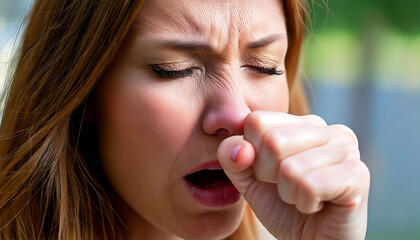 Fototapeta premium Close-up of a woman coughing, eyes closed, showing discomfort. Perfect for illustrating illness, sickness, allergy, or respiratory health.