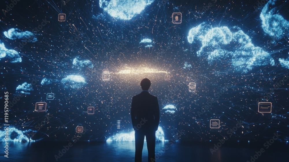Aufkleber man facing futuristic digital data cloud network.
