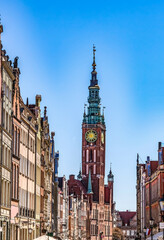 Fototapeta premium Colorful clock tower, Gdansk, Poland. Town Hall Constructed 1556.