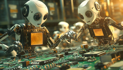 Robots assembling intricate circuit boards in an electronics manufacturing facility, robotic electronics assembly, precision production.