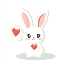 Obraz premium Cute white bunny holding heart, speech bubble, Valentine's Day card design