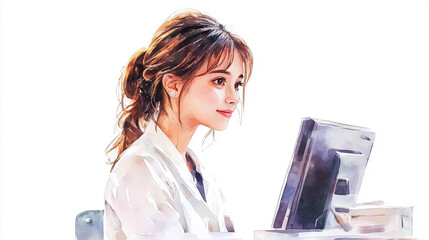 受付で接客をする女性の水彩イラスト