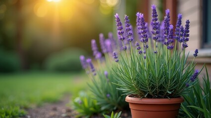 Blooming lavender plants in a clay pot with soft evening light illuminating an urban garden