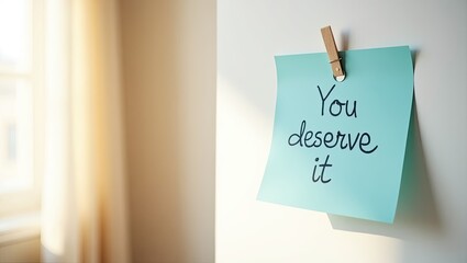 You Deserve it message, blue sticky note on the wall, motivational handwritten quotes	
