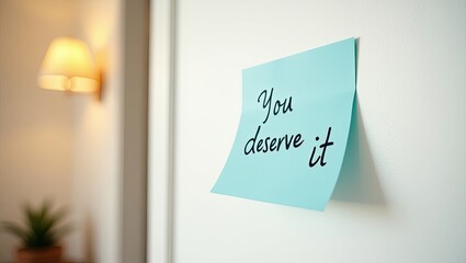 You Deserve it message, blue sticky note on the wall, motivational handwritten quotes	