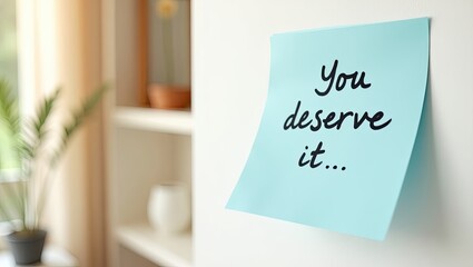 You Deserve it message, blue sticky note on the wall, motivational handwritten quotes	