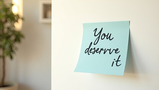 You Deserve it message, blue sticky note on the wall, motivational handwritten quotes	