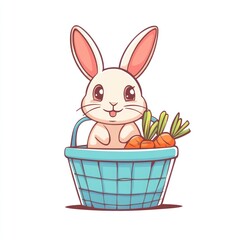 Rabbit sits in blue basket with carrots, background white, for holiday projects