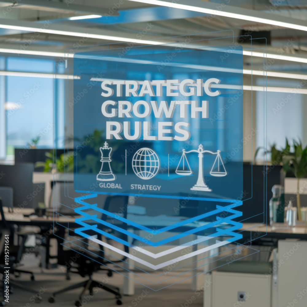 Poster 3d holographic design displaying strategic growth rules with chess pieces globe and scale symbols fo