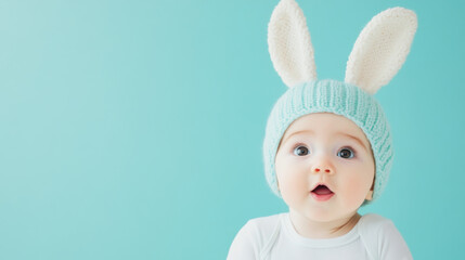 Baby wearing bunny hat with cute expression against blue background