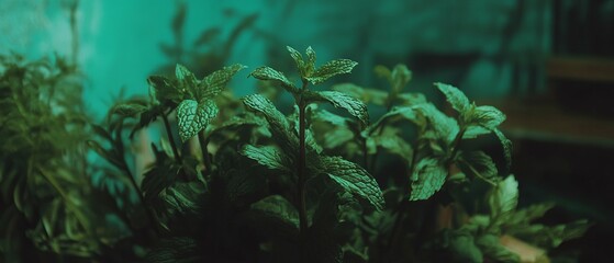 Cinematic shot of fresh mint bouquet tied with ribbon capturing vibrant greenery and essence