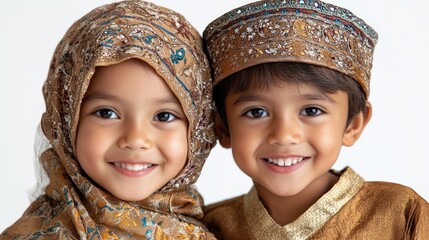 Two smiling children wearing traditional attire with intricate designs, posing against a plain background