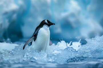 Obraz premium Chinstrap penguin emerging from the icy blue water of antarctica