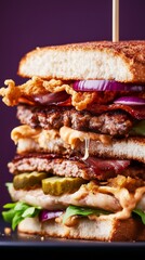 An outrageous close-up of an impossibly tall sandwich with countless layers stacked to excess, creating a visually jaw-dropping spectacle.