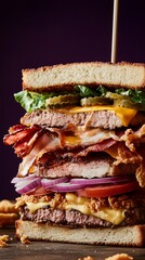 An outrageous close-up of an impossibly tall sandwich with countless layers stacked to excess, creating a visually jaw-dropping spectacle.