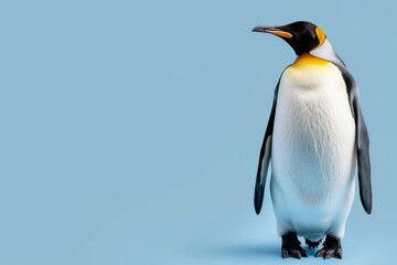 Fototapeta premium Studio shot of a king penguin standing on a light blue background, looking to the right