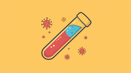 Icon of a test tube with a virus symbol and a dashed circle. Dewshade. Illustration