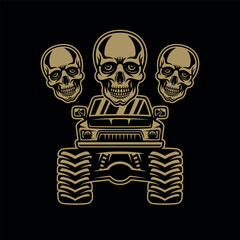 Monster truck big car and skulls vector illustration in vintage golden style on dark background