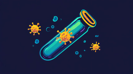 Icon of a test tube with a virus symbol and a dashed circle. Dewshade. Illustration