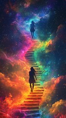 Fototapeta premium A surreal staircase ascending through a rainbow starlight galaxy, evoking mystery and wonder. Ideal for fantasy and inspirational themes.