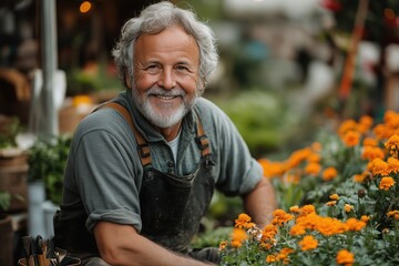 Fototapeta premium A joyful gardener showcases his passion for plants while surrounded by bright orange flowers. The setting highlights an abundance of greenery, reflecting a lively atmosphere.