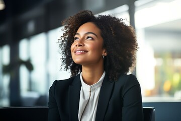 Happy businesswoman looking up, visualizing future success, feeling inspired and motivated in modern office