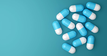 pills on a blue background. 3d illustration. background for a presentation on the topic of medicine and health