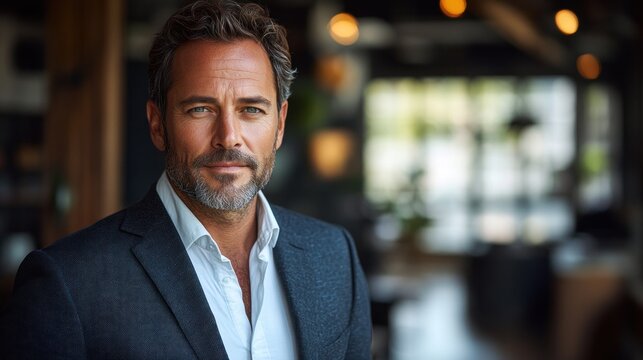 Confident businessman in a stylish suit poses in a modern office with warm lighting and greenery