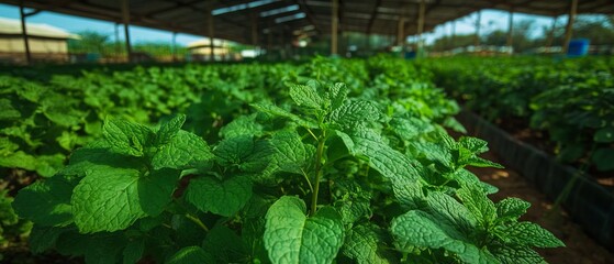Vibrant mint plant garden thriving under natural sunlight in a lush outdoor setting