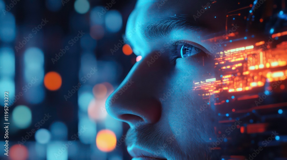 Aufkleber Close-up profile of a man's face with superimposed digital data streams and glowing circuit patterns, set against a blurred city lights background.