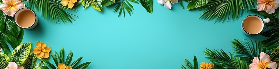 Obraz premium Tropical Flowers Coffee Cups Summer Background