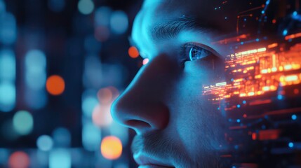 Close-up profile of a man's face with superimposed digital data streams and glowing circuit patterns, set against a blurred city lights background.